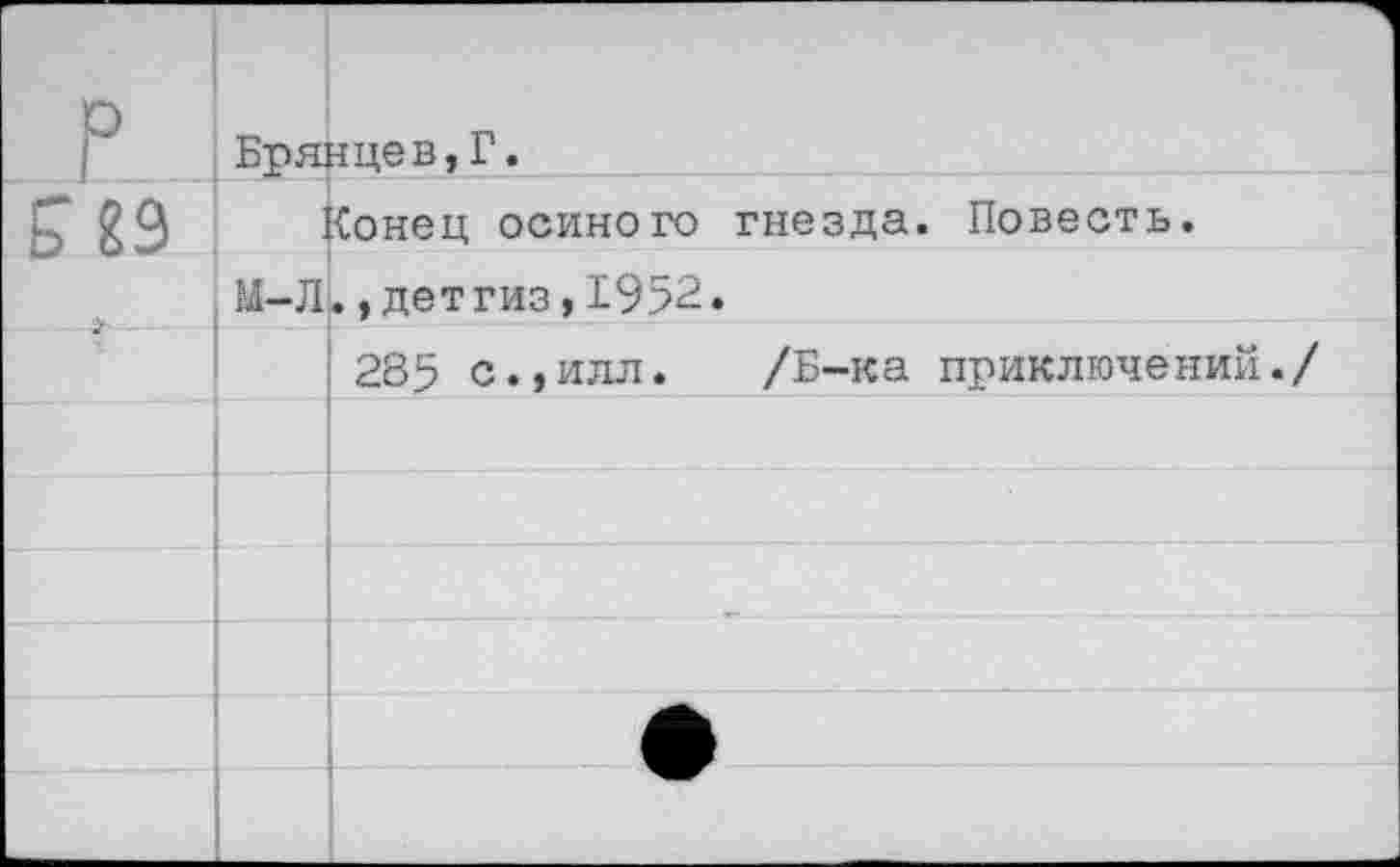 ﻿р	Брянцев,Г.	
ь 29		<онец осиного гнезда. Повесть.
	М-Л	.,детгиз,1952.
■		285 с.,иля. /Б-ка приключений./
		
		
		
		
		
		